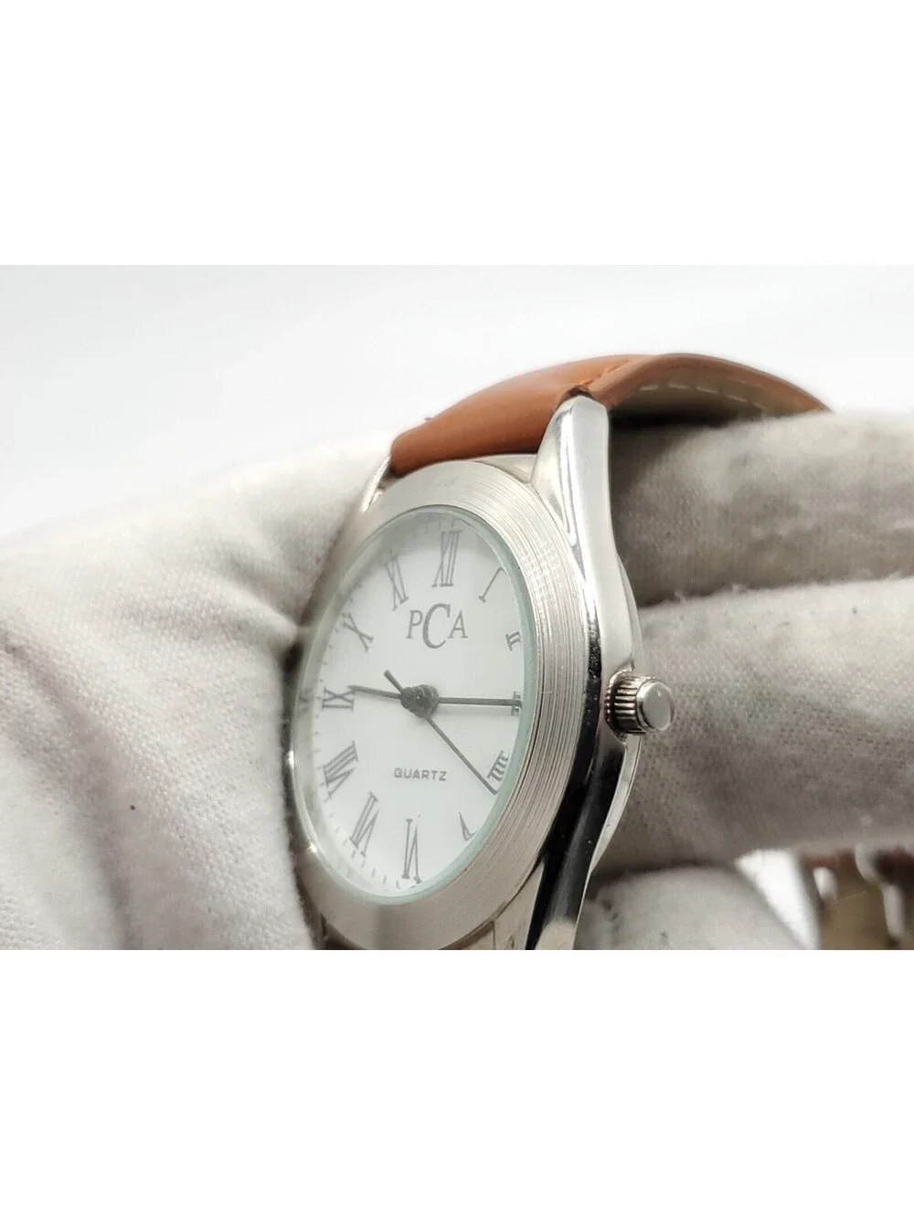 PCA Wristwatch Brown Leather Band Analog Quartz Wrist Watch New Battery 34mm